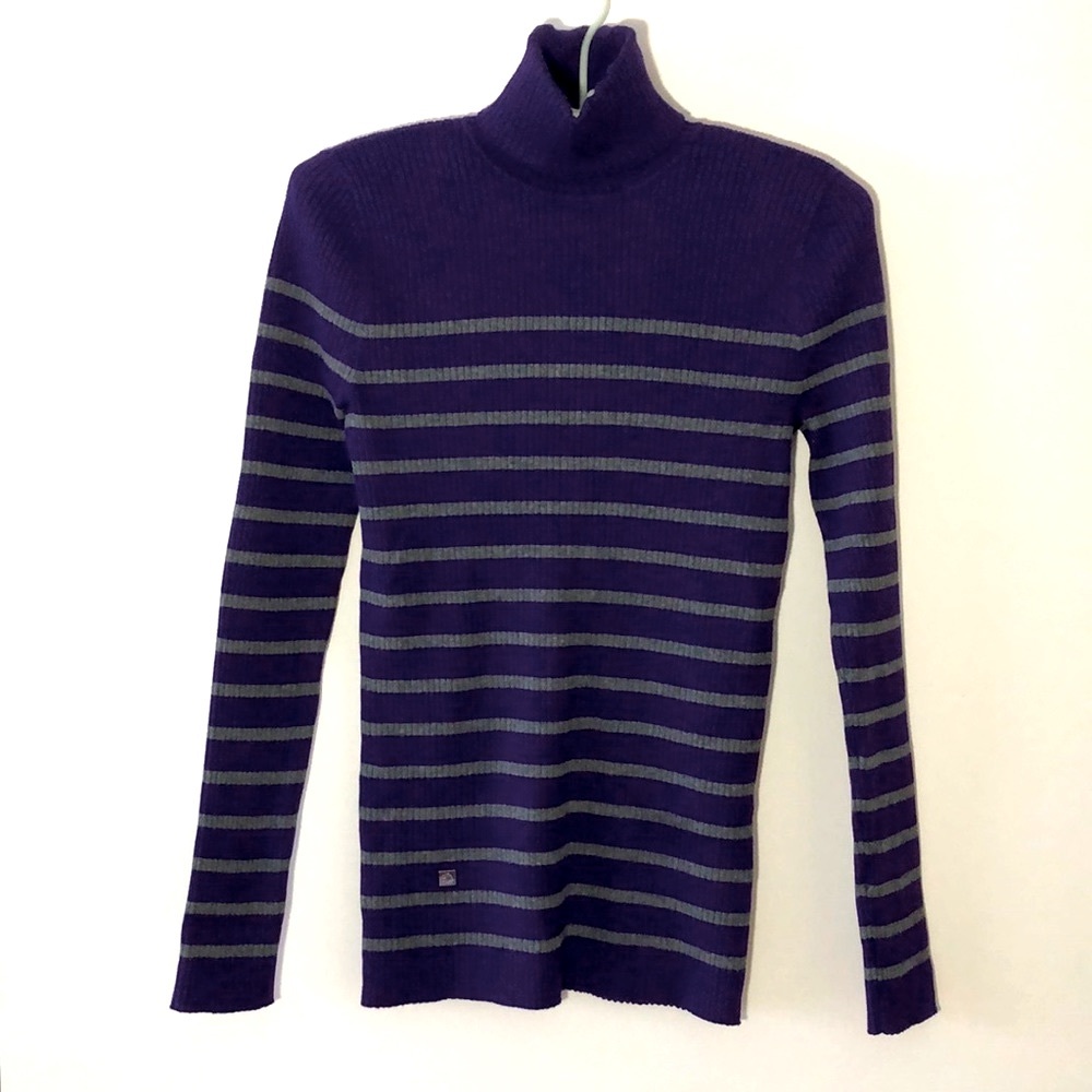 Ralph Lauren Purple Gray Striped Turtle Neck Cotton Blend Sweater Slim Fit